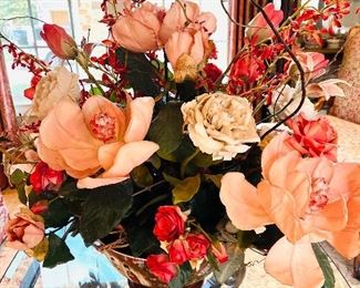 Beautiful Silk Flower Arrangement on Iron and Glass Coffee Table.