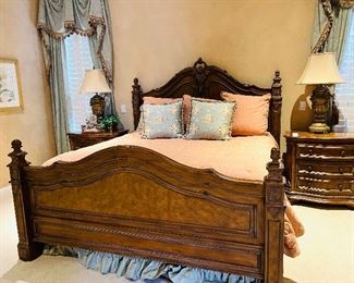 King Sized 4 Post Bed with Matching Side Tables, Dresser and Armoire. Drexel Heritage. Priced to sell. Gorgeous.