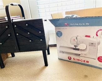 New in box Singer Sewing Machine and Vintage Sewing Box. 