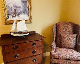 Beautiful wing back chairs and dresser. Louis Shanks.