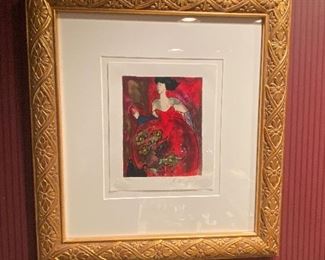 Artist Linda Lekinff (French,b.1949)  Red Dress  Serigraph 7 1/4" x 8 3/4"  Signed, numbered 11/350