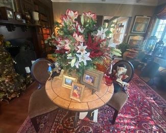 Framed art, florals, round table and chairs