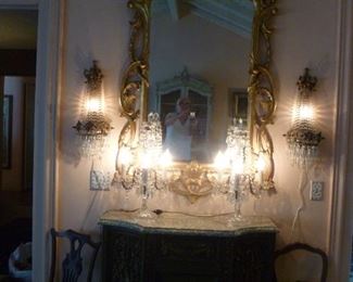 Gorgeous Austrian Crystal lamps and sconces, marble top commode, pr. French slipper chairs, one not shown here