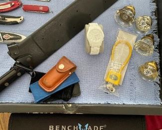 Knives, Machete Knife, Gun Lock, Armani Watch & Vintage Glass Door Knobs