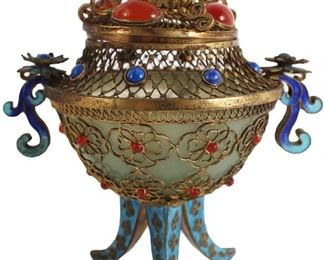 572 Chinese Enamel and Gilt Metal Covered Jade Cup