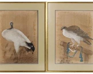729 Pair Chinese Silk Paintings of a Hawk  Turkey