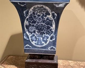 Blue vase on stand,  11"W x 8"D x 15"H,  was $45, NOW $30