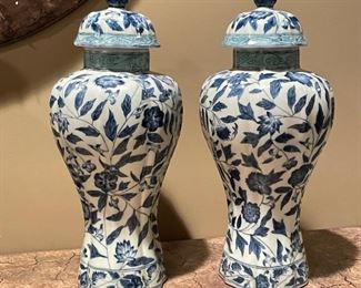 Blue and white urns w/lids, 17"H,  was $65 each, NOW $45 each