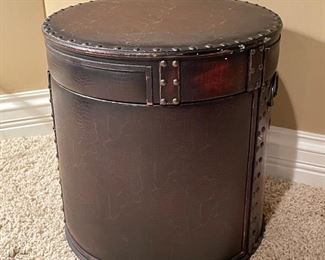 Brown leather storage bin, 14.5" x 16"H,  $40