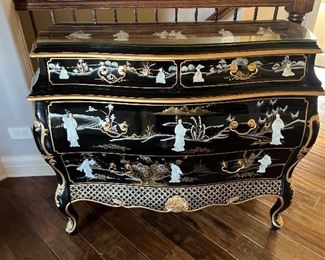 Beautiful & elegant Chinoiserie Black Lacquer Asian chest w/ glass top, 16"D x 40"W x 36"H, $595