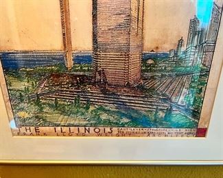 “The Illinois” Frank Lloyd Wright framed print.  Approximately 45”T x 13”W