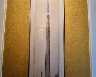 “The Illinois” Frank Lloyd Wright framed print.  Approximately 45”T x 13”W
