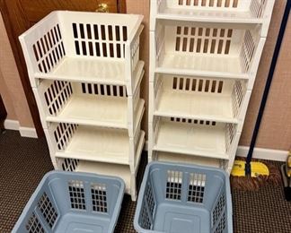 Stacking storage bins and two Rubbermaid 2972 square laundry baskets
