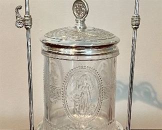 Etched Glass Covered Jar on Stand