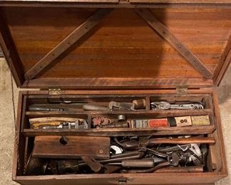 Antique Wooden Box Full of Vintage and Antique Tools