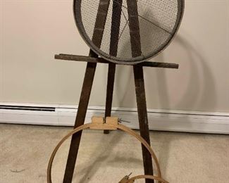 Easel, Embroidery Hoops, and Grain Sieve