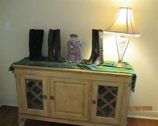 Sideboard w/ wine bottle frames. Ladies Boots, Size 8