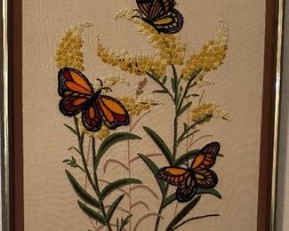 Framed Crewel Embroidery Monarch Butterflies