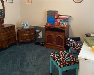 White Sewing Cabinet Spring Loaded Drop Down, Padded Sewing Chair, Simplicity Sewing Machine, Nightstand