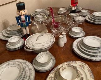 Hibriten Dining Room Set Seats Six Cane Back Seats, Vintage Punch Bowl, Noritake China, Nutcrackers