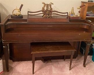 Acrosonic Console Spinet Product of Baldwin SN 365458 with Bench, San Francisco Music Box Kaleidoscope, Brass Harp Music Stand 