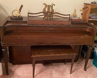 Acrosonic Console Spinet Product of Baldwin SN 365458 with Bench, San Francisco Music Box Kaleidoscope, Brass Harp Music Stand 