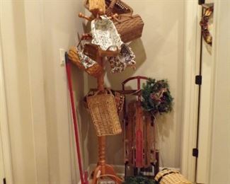 longaberger baskets & coat rack & sled