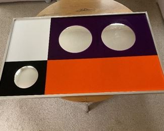 Very rare MCM Carver’s Guild 1974 wall art with convex mirrors and 4 color plexiglass (white/black/purple/orange) chrome frame. Designed by Carol Carmen Crafted by D. Modesto on plywood back. 49.5” Long X 30” high $1,500