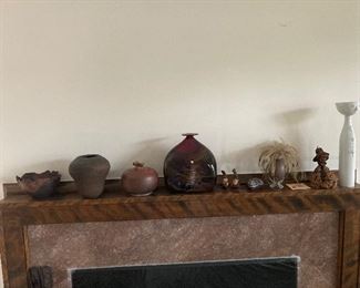 Various glass, ceramic, metal, carved decorative items