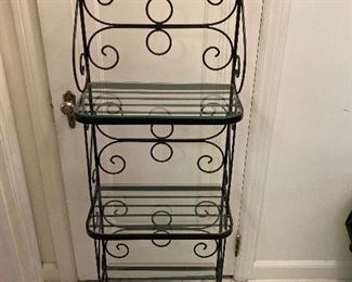Wrought iron and glass Bakers rack .
18” W X 11” D X 58” High. Vintage. Very pretty. $500
