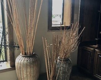 Trio of large vases with bamboo stalks