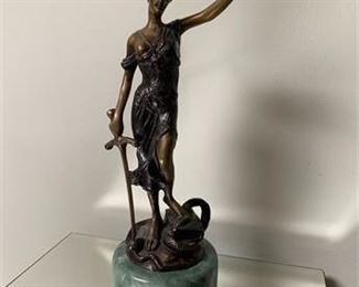 Lot 042
Bronze Lady of Justice Signed A. Mayer on Green Marble Base