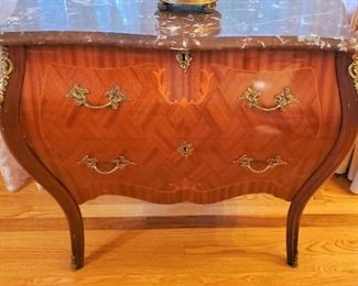 Fine pair of Louis XV marquetry marble top commodes