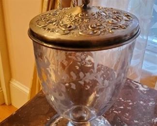 Sterling top glass urn with etched detail