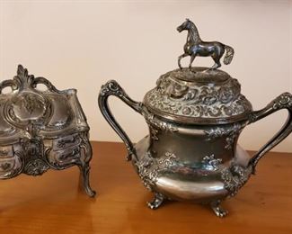 Decorative box and double handled cup with horse finial