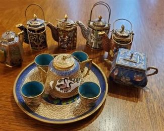 Miniature Cloisonne teapots and tea set