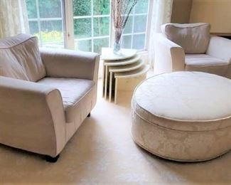 Pair of upholstered arm chairs. Unique stacking tables, pie shaped. 