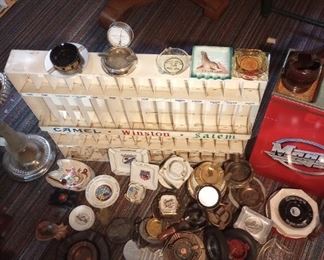 Collection of Ashtrays, a Cigarette Rack, Advertising Ashtray, and Travel Ashtrays