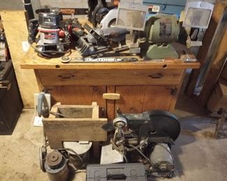 Sander, Router, Grinder, Chainsaw, Metal Detector, Wood Cabinet Table, and Skill Saw