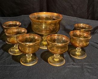 Vintage Amber Pedestal Compote Glass Bowls with Gold Scrollwork