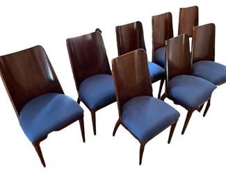 $500 - 8 Dining Viro Side Chairs by Bassett Mirror w Azure Blue Seat SK121-3                                                                Description: These chairs will keep your dinner guests around the table for hours.  The curved back is as beautiful to look at as it is to sit in.  Original price $300 each
Condition: Excellent
Dimensions: 20 x 22 x 37H
CONTACT US FOR MORE PICTURES. www.GoodbyHello.com                                                         info@GoodbyHello.com                                                         
Local pick up only Leesburg, VA.  Contact us for shipper suggestions.