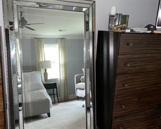 $400 - Large Silver Beveled Frame Floor Mirror SK121-43                                                                                                                           Description: This floor mirror features a beveled glass rectangular frame with a beveled detail trim. The mirror continues into the frame accented with the silver beveling detail along the angled edges
Condition: Excellent
Dimensions:  41" L x 4" W x 72" H
CONTACT US FOR MORE PICTURES. www.GoodbyHello.com                                                         info@GoodbyHello.com                   Local pickup only only Leesburg, VA,  Contact us for shipper suggestions.