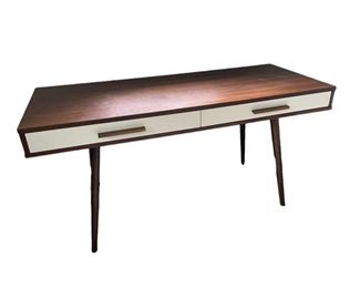 $200 - Mid Century Style Two-Tone 2 drawer Desk SK121-56                                                                                                             Description:    Versatile For Many Functions And Rooms, This Writing Desk Can Be Used As A Laptop Workspace, Large Console Table, Or Vanity. Its Compact Shape Easily Accents A Living Room, Bedroom, Study, Entryway, Home Office, Or Kitchen. Two Wide Drawers Provide Storage To Hide Away Your Accessories And Clutter
Condition: Very Good
Dimensions:  60 x 24 x 30"H

CONTACT US FOR MORE PICTURES. www.GoodbyHello.com                                                         info@GoodbyHello.com                   Local pickup only only Leesburg, VA,  Contact us for shipper suggestions.