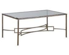 $150 - Uttermost Eilinora Glass Coffee Table SK121-11  Description: Antiqued silver leaf iron with clear tempered glass top featuring a rectangular, hand forged stretcher.  Designed by Matthew Williams.  Originally $700
Condition: Excellent
Dimensions: 44 x 28 x 20.  62 lbs
CONTACT US FOR MORE PICTURES. www.GoodbyHello.com                                                         info@GoodbyHello.com                   Local pickup only only Leesburg, VA,  Contact us for shipper suggestions.