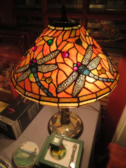Fantastic dragonfly design stained glass table lamp - one of a pair