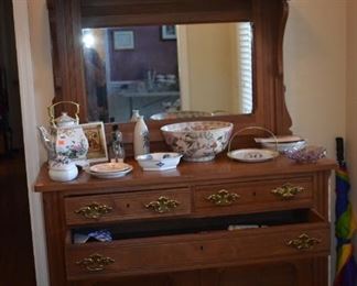 Gorgeous Antique Mirror Backed Buffet with Antique Grecian Ewer, Hull Ewer and many more Collectible Items