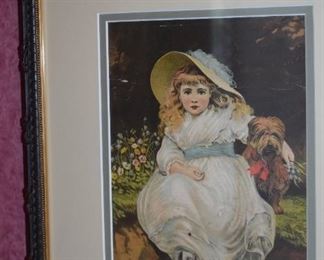 Framed and matted print of Victorian Girl and her Dog