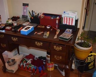 Beautiful Queen Anne Knee hole desk with desk top full of Office Supplies and more!