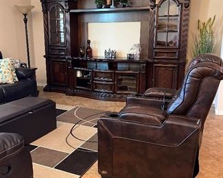 Entertainment Unit, Sofa and Loveseat, Recliner, Storage Ottoman, Area Rug, Floor Lamp, Decor