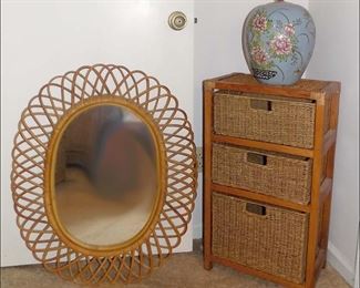 Rattan Mirror,  Oriental Vase, and Storage Chest